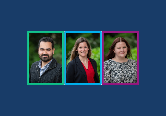 Three portrait photos on a blue background. From left to right: Felipe Do Nascimento Rodrigues, Jo Bowler, and Kate Ellis