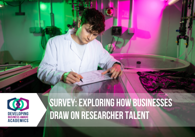 A photo of PhD researcher Jack Jarvis, writing on top of a large cylindrical tank. Overlayed on the image is the DBAA logo and text that reads "Survey: explore how businesses draw on researcher talent"