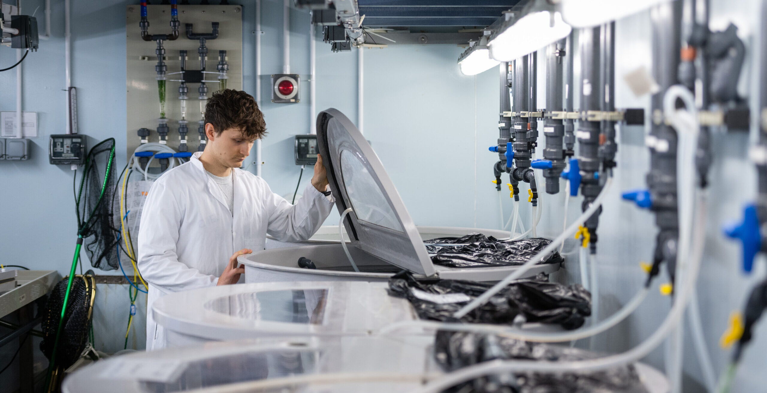 Researcher Jack Jarvis stands looking into a cylindrical fish tank