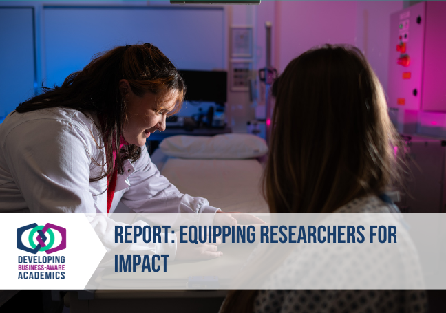 A photo of Dr Fay Manning leaning over and positioning a patient's arm under an X-Ray machine. Overlaid on the photo is the DBAA logo and the text 'Report: Equipping researchers for impact'