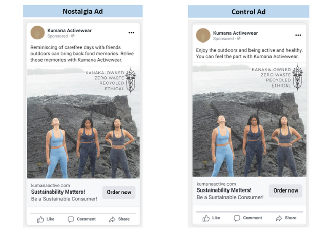 An image of two social media ad posts from Kumana Activewear, displayed side-by-side. The first image is labelled 'Nostalgia ad', and the second is labelled 'Control ad'. The text of the nostalgia ad reads: Reminiscing of carefree days with friends outdoors can bring back fond memories. Relive those memories with Kumana Activewear. The text of the control ad reads: Enjoy the outdoors and being active and healthy. You can feel the part with Kumana Activewear. Both ads feature the same image of three women standing in front of the sea, wearing activewear